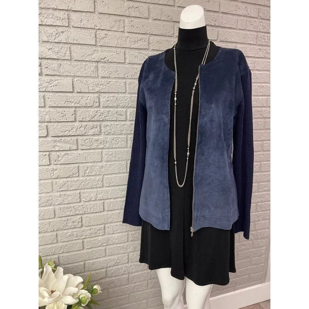 Alfani Women Navy Blue Leather & Wool Blend Full Zipped Belted Sweater Size XL